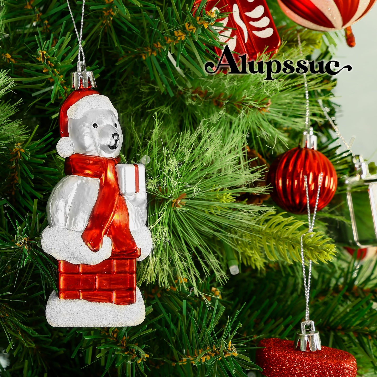 Alupssuc 112pcs Christmas Balls Ornaments Set, Shatterproof Plastic Baubles Christmas Penguin, Polar Bear for Xmas Tree Holiday Wedding Party Decorations with Hanging Strings, Red, Silver and White
