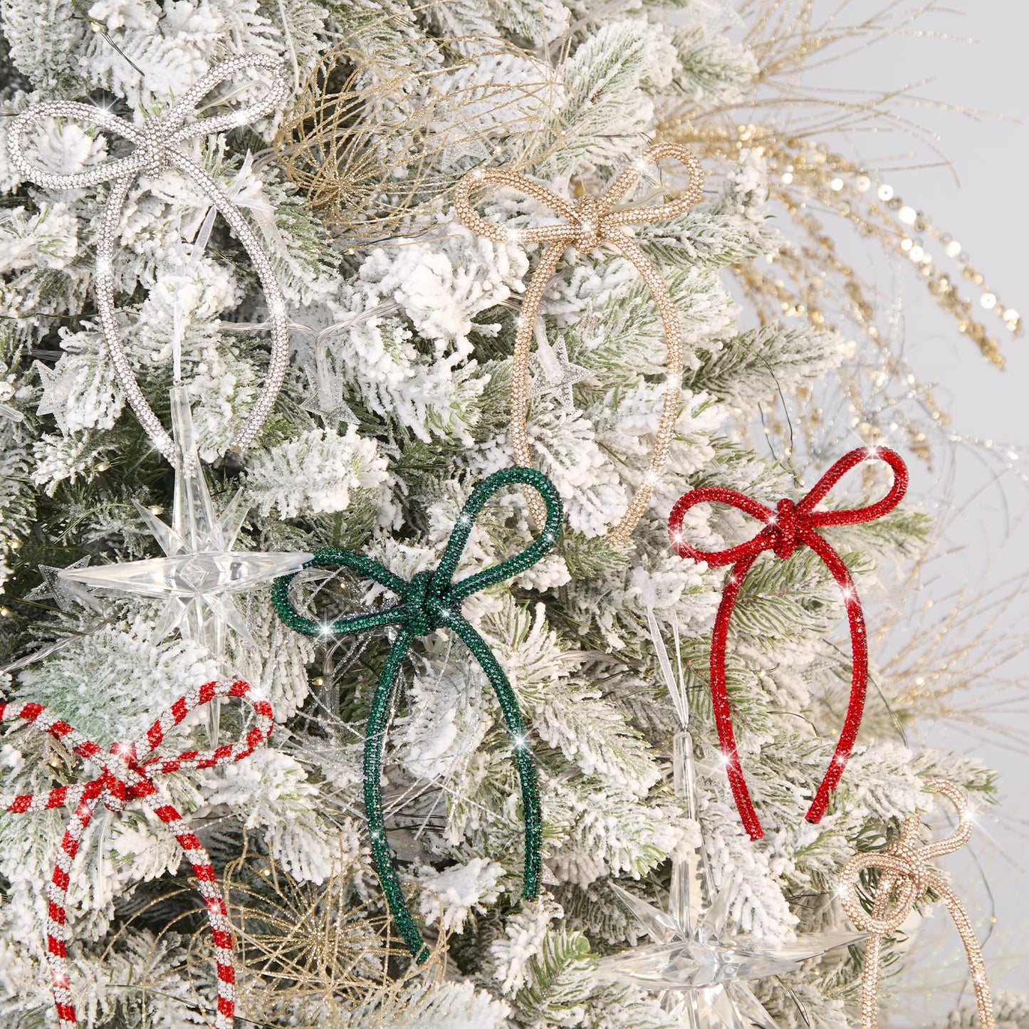 FLAIR GIFTS 6 Pcs 2026 Christmas Bows Ornaments, Champagne Gold Sparkly Glitter Rhinestone Bow Ornaments with Twist Tie for Xmas Tree Decoration, Wreath, Garland, Gift Wrapping