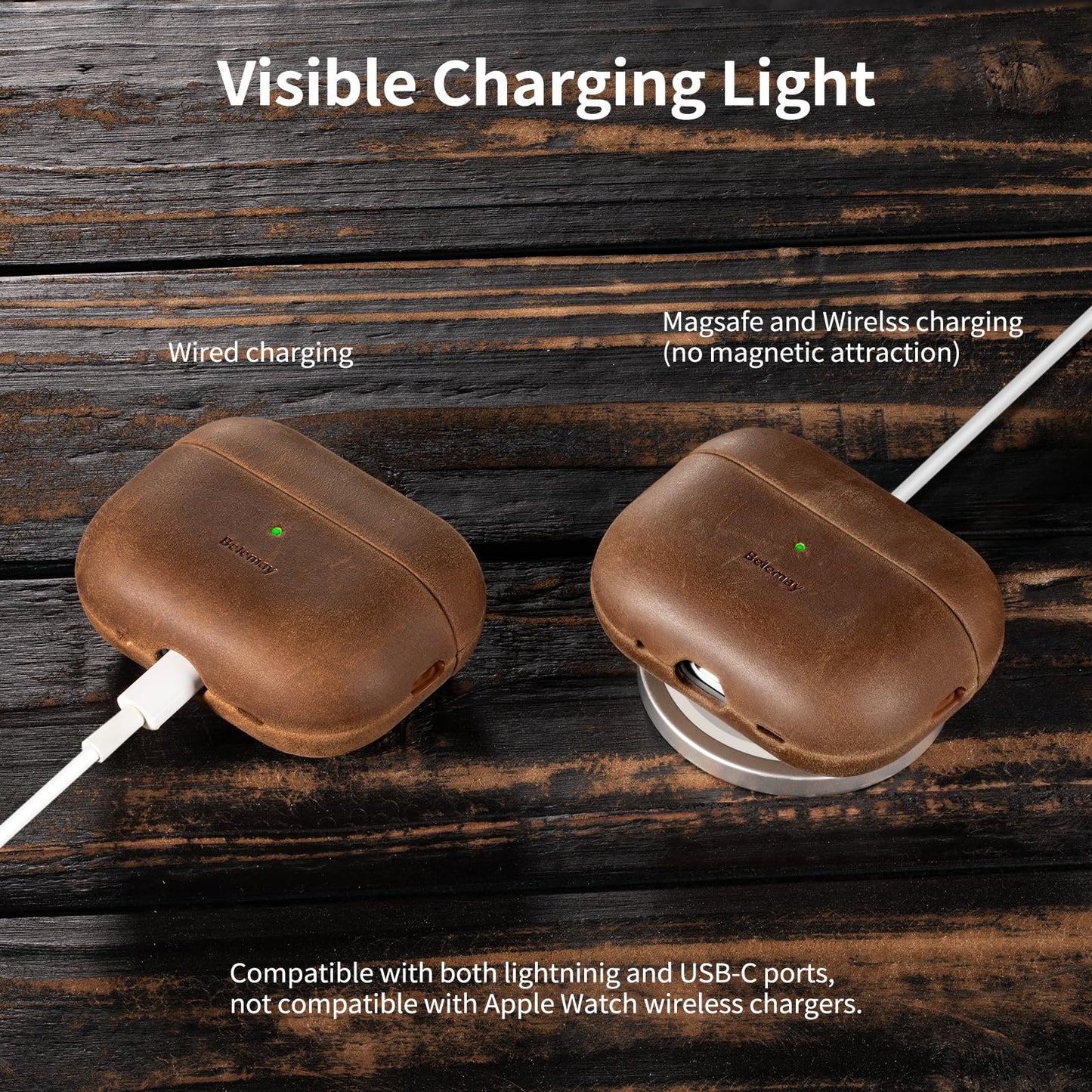 Belemay for AirPods Pro (2nd Generation) Case – Premium Crazy Horse Leather - Rich Patina- Secure Grip - Compatible with MagSafe and Wireless Charging - Compatible with Airpods Pro 2 Case - Brown