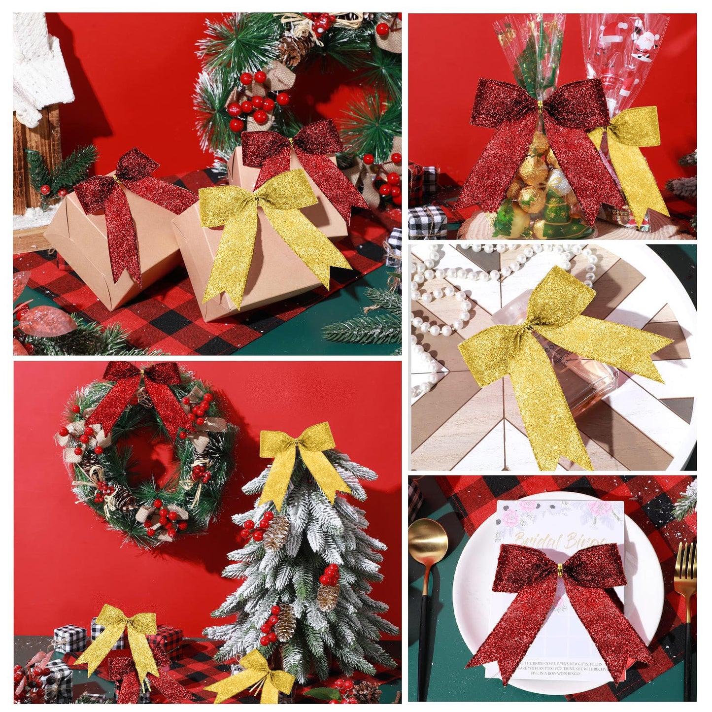 Sumind 36 Pieces Red Gold Christmas Tree Glitter Bows, 5 x 4 Inch Tie Ribbon Twist Tie Bows for Treat Bags Gift Wrapping Basket Wedding Birthday Valentine Christmas Tree Wreath Garland Decoration