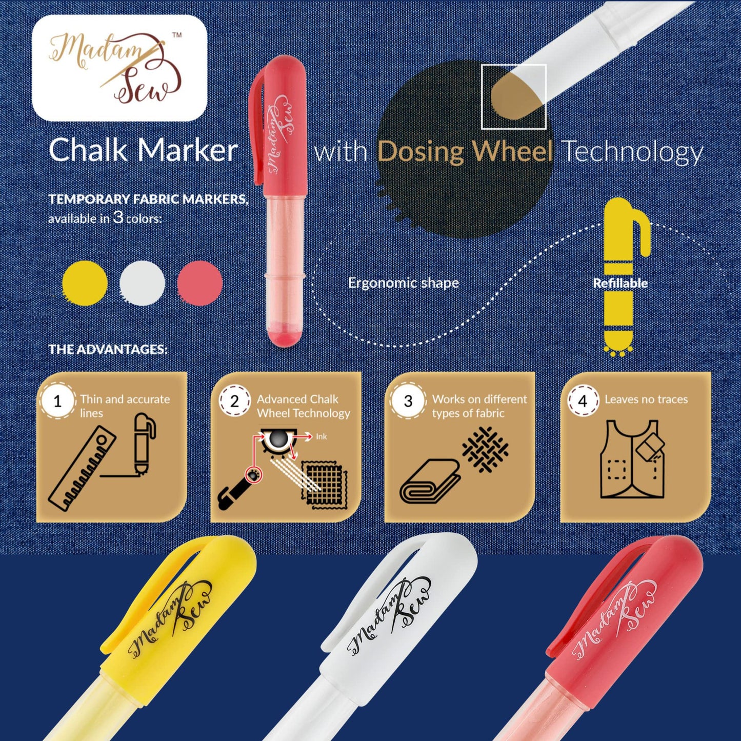 Madam Sew Refillable Tailors Chalk for Fabric - Washable Fabric Markers for Sewing and Quilting with Dosing Wheel, Tailor Chalk Pen for Precise Marking on Cotton, Knit, Suede (White)