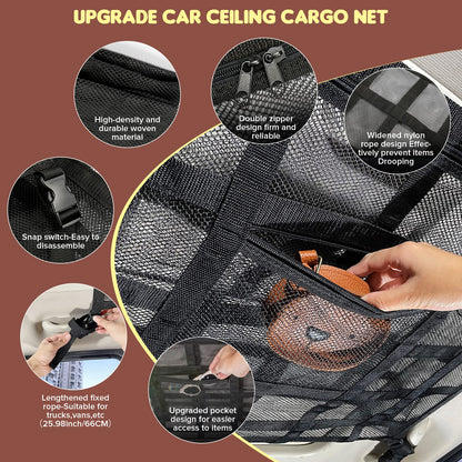 Upgrade Car Ceiling Cargo Net Pocket,31.5"x21.6" Strengthen Load-Bearing and Double-Layer Mesh Car Roof Storage Organizer,Truck SUV Van Travel Long Road Trip Camping Interior Accessories