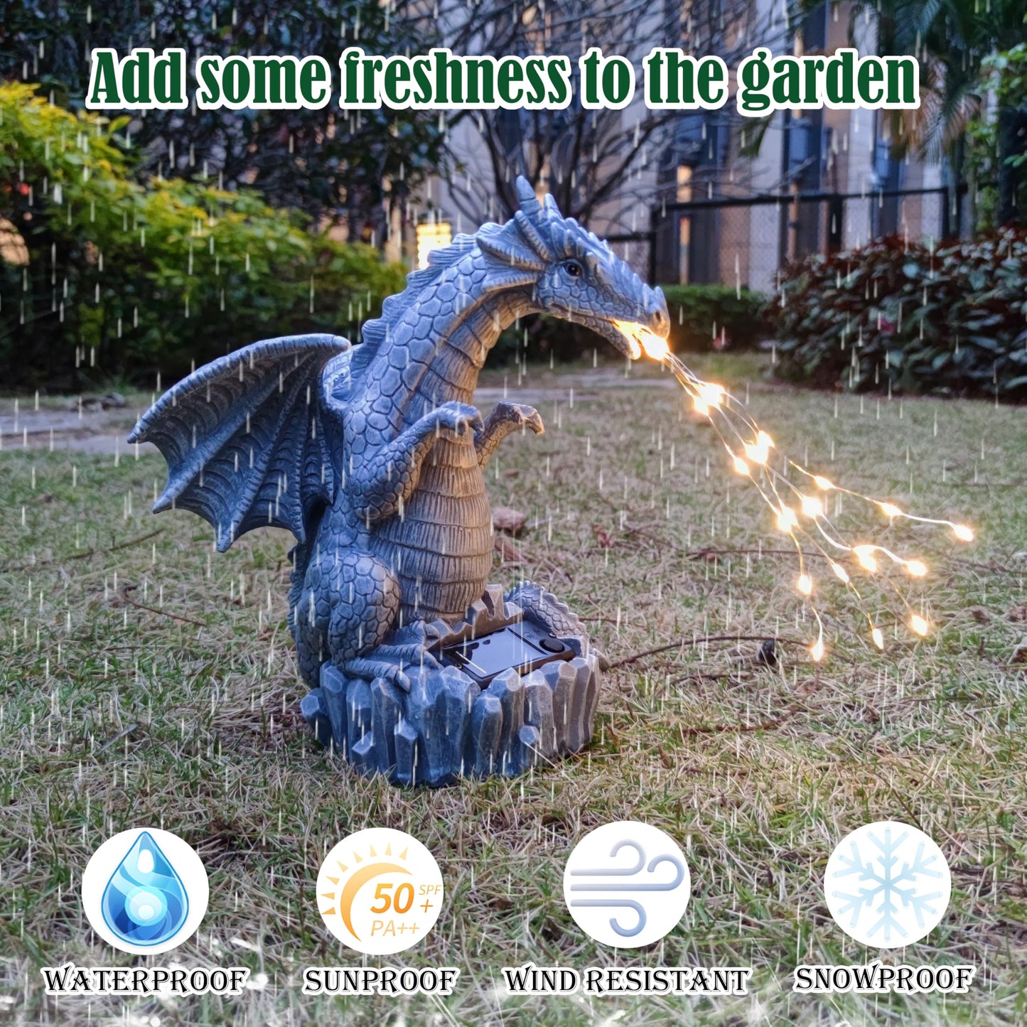 RCTTICUU Solar Dragon Garden Statues Outdoor Lights Watering Decor, Resin Dragon Figurine with 30 LED String Lights Lawn Patio Balcony Art Decoration,Housewarming, Birthday,Mothers Day Mom Gifts