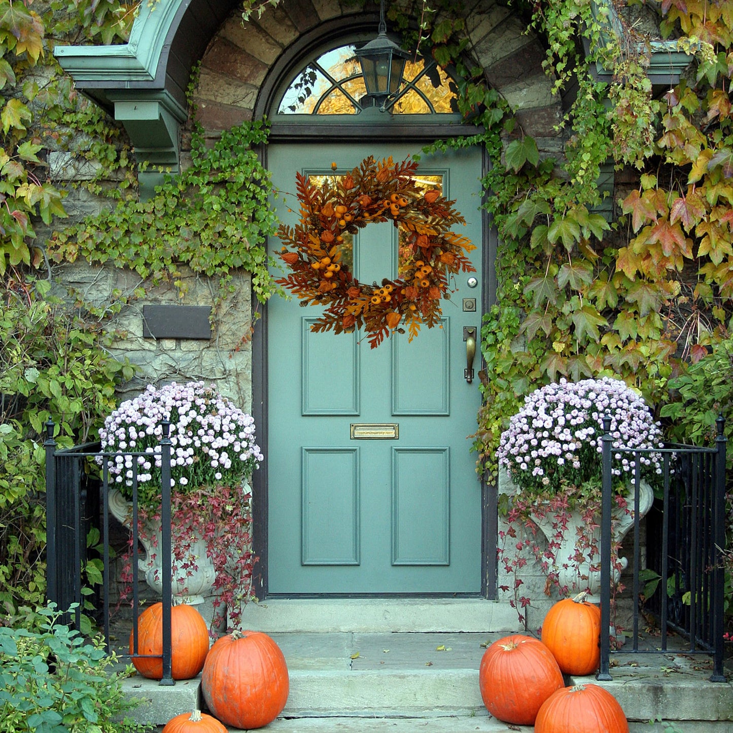 WreathDream 20 inch Fall Wreath Autumn Oak Leaves Wreath with Cape Gooseberry,Oak Leaf,Acorn,Berry,Pine Cone for Front Door Farmhouse Indoor Outdoor Festival Home Decor