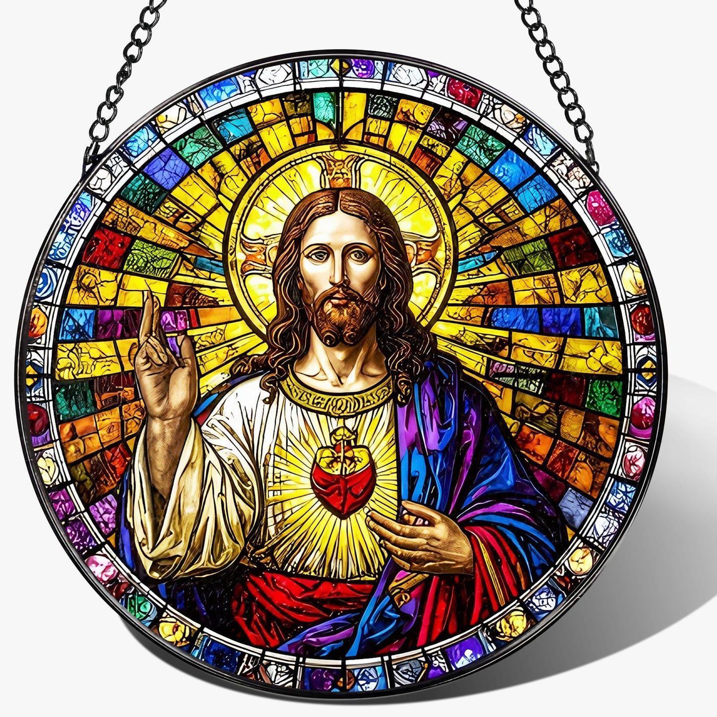 LAOWEIKI 8'' Sacred Heart of Jesus Stained Glass Suncatcher, Stained Glass Window Hanging, Religious Ornament, Christian Home Decor, Gifts for Christmas, Christian Gift, Religious Gift