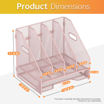 Docnest Desk File Holder Sorter, 4 Vertical Compartments Rack with Letter Tray, Mesh Magazine File Holder with Handle,Workspace Organizers,Desk Organizers for Paper, Mail, Documents-Pink