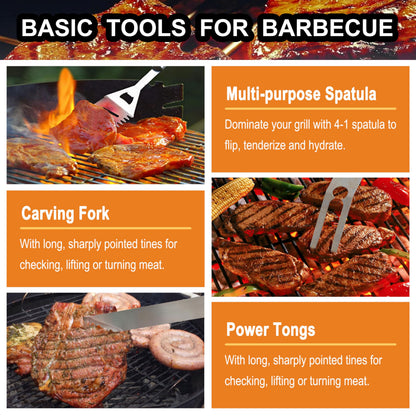 grilljoy 24PCS BBQ Grill Tools Set with Meat Thermometer and Injector - Extra Thick Stainless Steel Fork, Spatula& Tongs - Complete BBQ Accessories in Aluminum Case - Perfect Grill Gifts for Men Grey