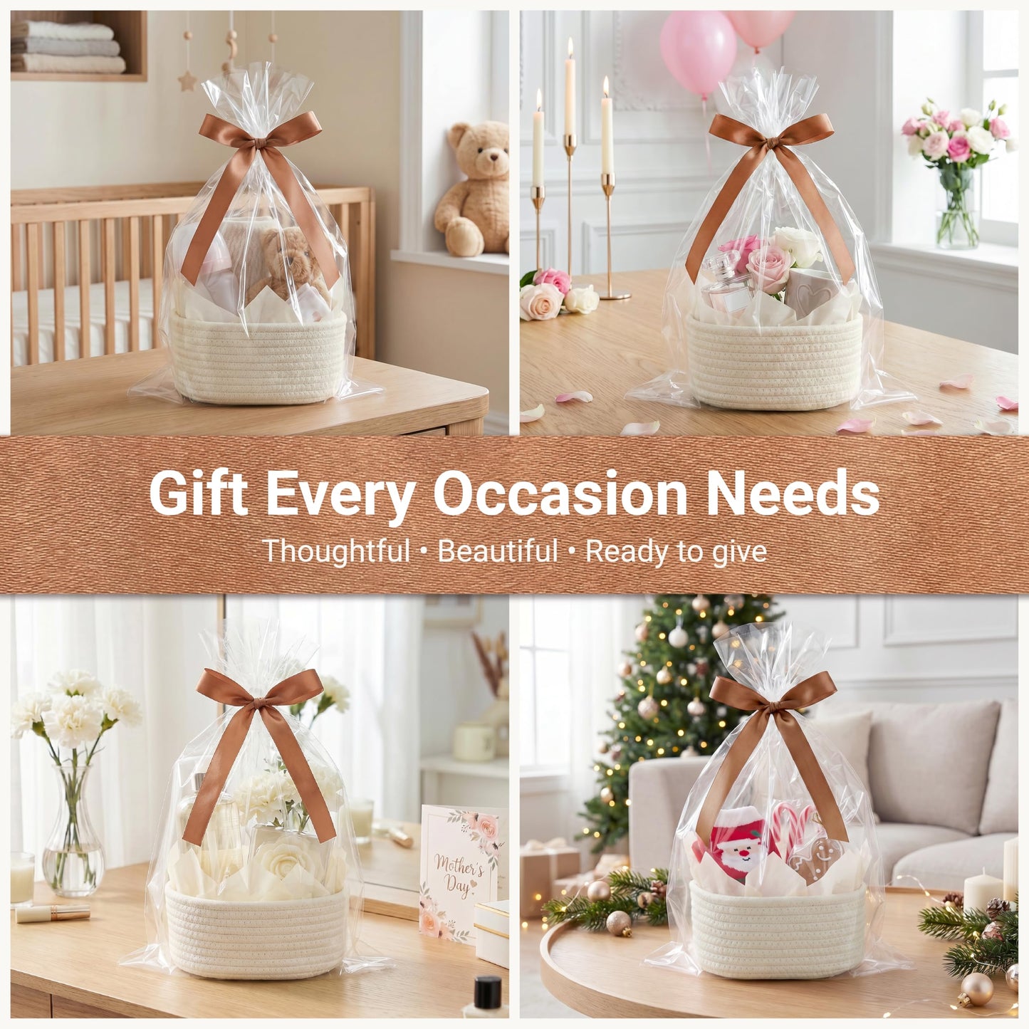 VIRETH HAUS 3 Pack Small Woven Baskets with Gift Bags, Ribbons, Wrap Tissue Papers – Empty Gift Baskets to Fill for Valentines, Baby Shower, Easter, Christmas Day, Decorative Storage Cubes for Toys