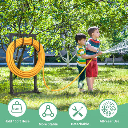 Yumatum Garden Hose Holder Reel, Upgraded Metal Hose Reels Holds 150ft Hose with 4 Large hooks, Heavy Duty Freestanding Water Hose Holders, Detachable Hose Storage Hanger for Outside