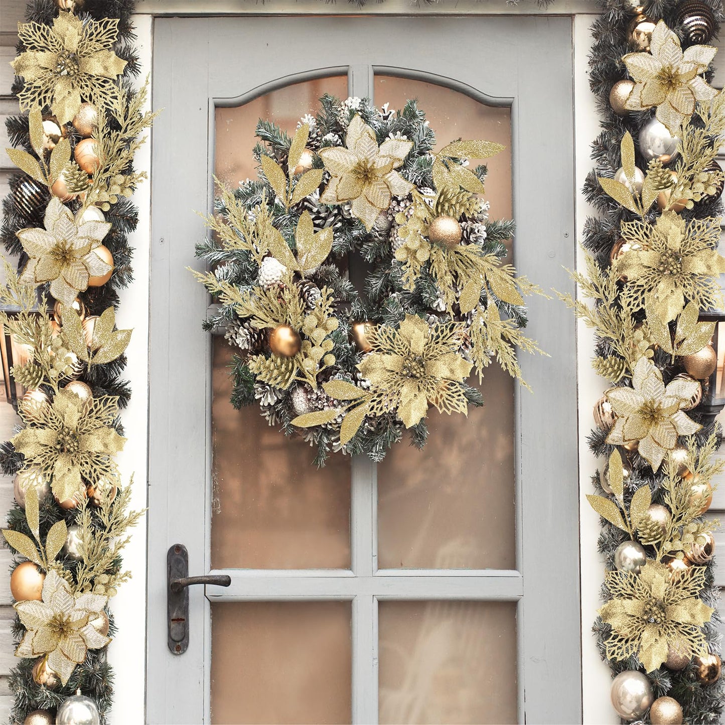 Winlyn 35 Pcs Christmas Artificial Poinsettia Flower Stems and Artificial Leaf Picks Champagne Glitter Christmas Floral Stems for Champagne Christmas Tree Decor DIY Wreath Holiday Floral Arrangement