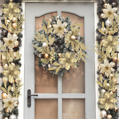 Winlyn 35 Pcs Christmas Artificial Poinsettia Flower Stems and Artificial Leaf Picks Champagne Glitter Christmas Floral Stems for Champagne Christmas Tree Decor DIY Wreath Holiday Floral Arrangement