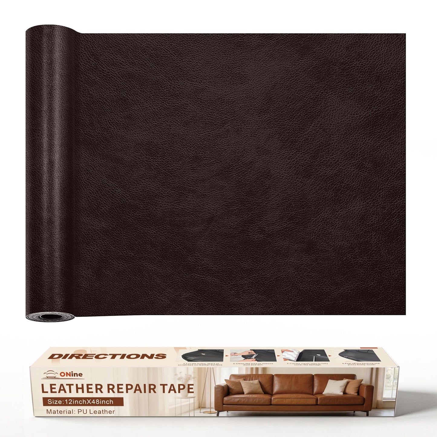 ONine Repair ，Leather Repair Tape, 12 x 48 inches Leather Repair for Furniture,Vinyl Repair Kit， Couch Patch，for Sofas, Furniture, Car Seats(Dark Brown)