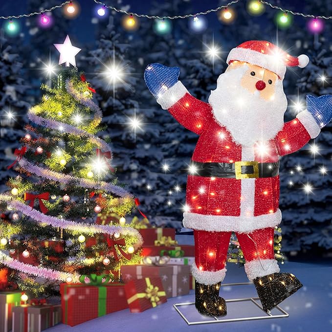 Shintenchi 3ft Lighted Christmas Santa Claus, Outdoor Pop-up Holiday Decoration with 80 LED Lights, 3D Pre-Lit Light-Up Decor for Yard, Garden, Lawn & Patio