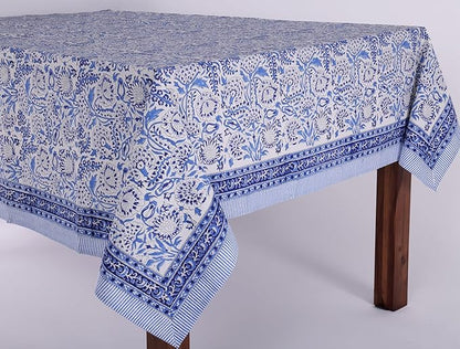 ATOSII Indigo Bloom 100% Cotton Tablecloth, Block Print Rectangle Table Cover for Dining, Parties, Weddings, Outdoors, Holidays, 60 X 90 Inches I 6 Seater I Grandmillennial Preppy Boho Farmhouse