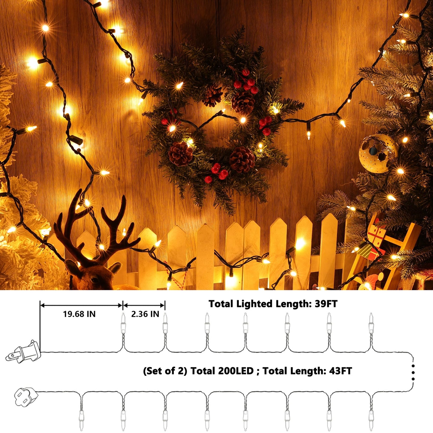 Joomer LED Clear Christmas Lights, 2Pack Total 39FT 200 LED Warm White Christmas Tree Lights, Connectable Waterproof Mini String Lights Plug in for Indoor Outdoor Home Christmas Decoration