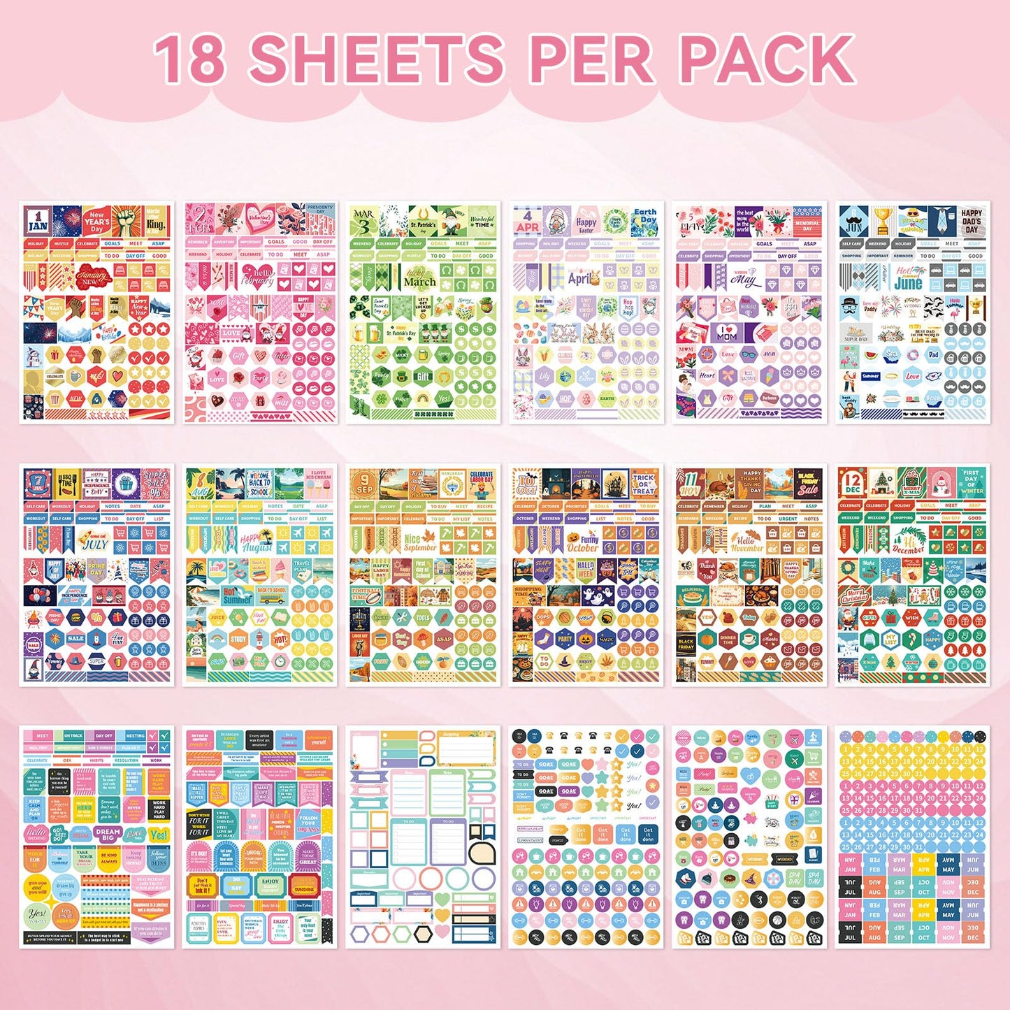 Ospelelf Planner Stickers, 18 Sheets Monthly Calendar Sticker Pack, Inspirational Motivational Quotes Festivals Label Sticker, for Decorating Organizers Scrapbooks Laptops Cups