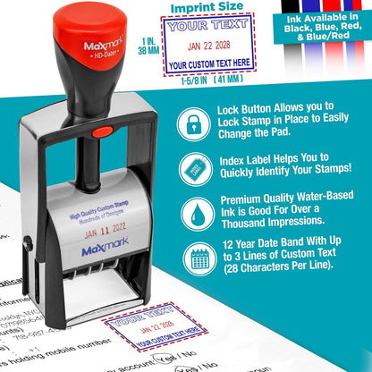 MaxMark Heavy Duty Self Inking Date Stamp with Phrase Paid - 2 Color Blue/Red Ink