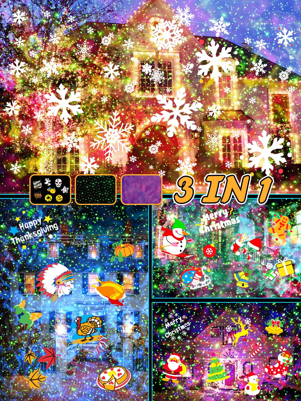 3-in-1 Christmas Projector Lights Outdoor, Anysun Brighter 80 HD Patterns Christmas Decor, 8-Pattern Ocean Wave Snowflake Starry Lights Show Christmas Projector Waterproof with Timer for House Party