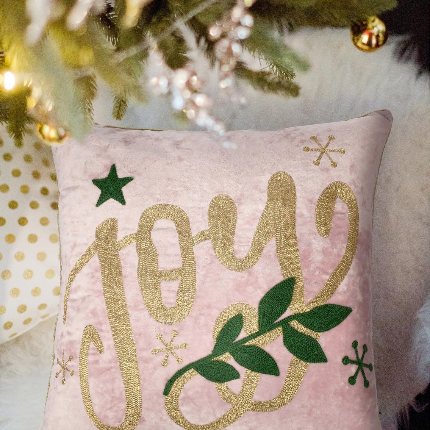 LOOPUINHOM Joy Christmas Pillow Covers 18x18,Embroidered Velvet Christmas Throw Pillow Covers Christmas Decorations Holiday Pillows for Home Couch,Pink Blush/Gold