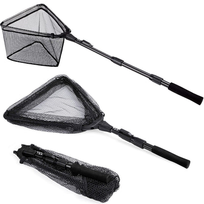 PLUSINNO Fishing Net Fish Floating Landing Net, Kayak Nets with Fixed Foldable Telescopic Pole Handle,Bass Trout Fishing Nets with Nylon Mesh for Pond Lake River,Fishing Gear Gifts for Men,Black 1.2M