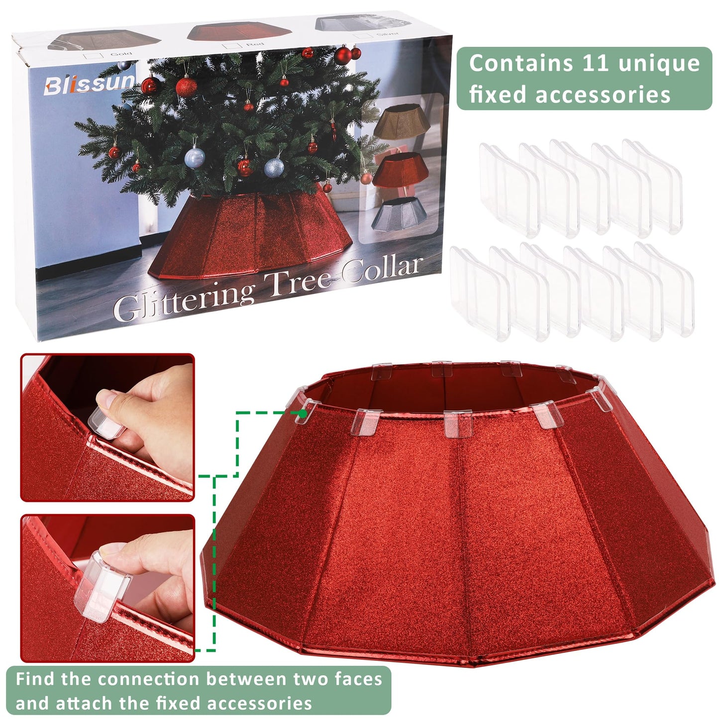 Blissun Fabric Christmas Tree Collar, Glittering Tree Ring, Willow Tree Skirt for Christmas Decorations (Glitter Red)