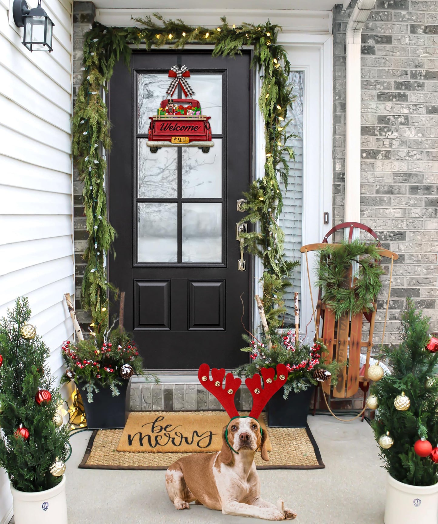 Interchangeable Welcome Sign for Front Door Red Farmhouse Truck Decor Hanging Sign with 11 Interchangeable Seasonal and Holiday Decor Signs 12x14 in. (Country Rustic)