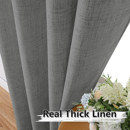 Tollpiz Linen Curtains Living Room Rod Pocket Semi Sheer Curtain Burlap Light Filtering Thick Linen Drapes for Bedroom, 38 x 63 inches Long, Dark Grey, Set of 2 Panels