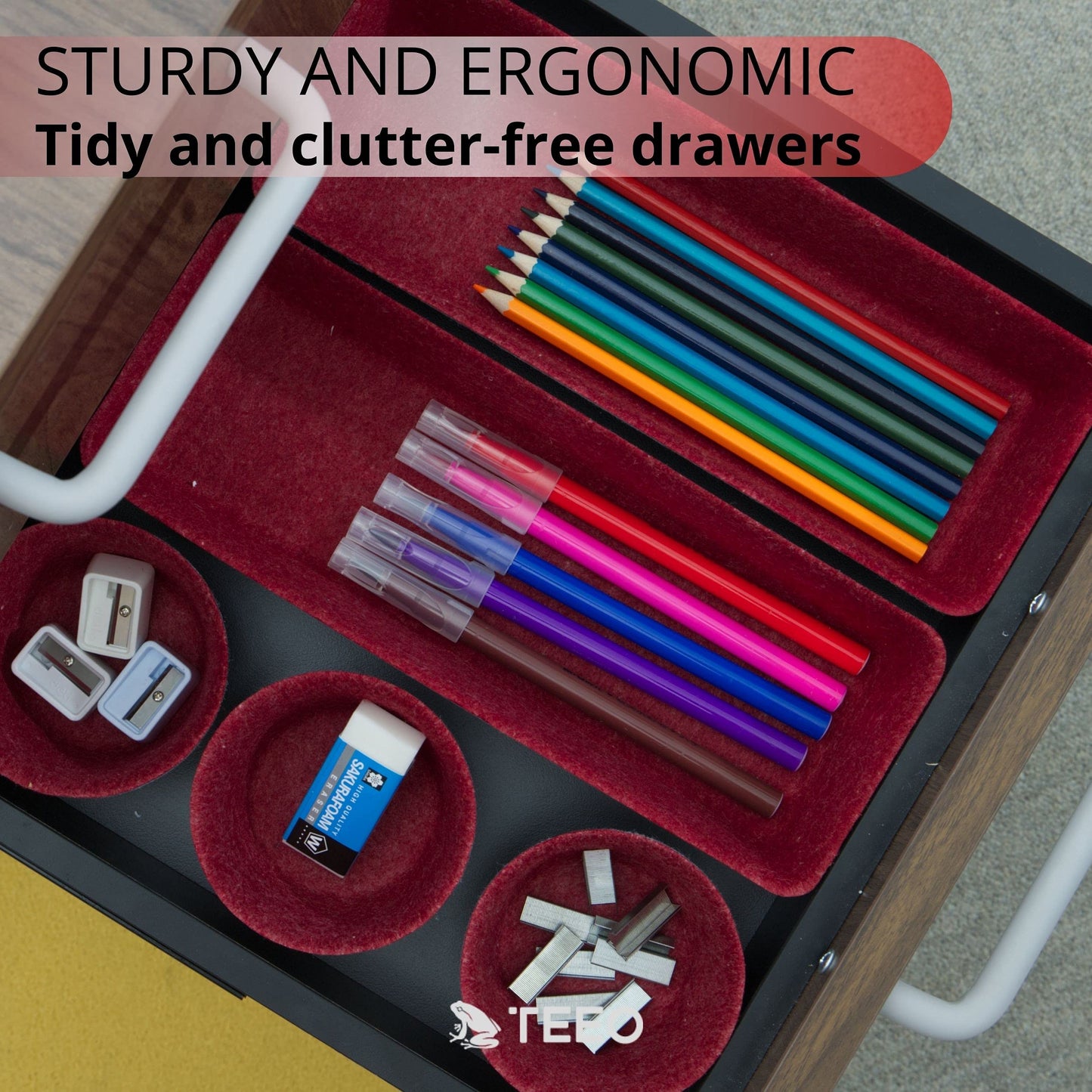 Teeo - Drawer Organizers - Office Supply Organizer - Desktop Drawers - Organizing Containers - Jewelry Tray Makeup Storage Home Dividers Compartment Desk Caddy Cosmetic Bins - Pack of 9, Burgundy