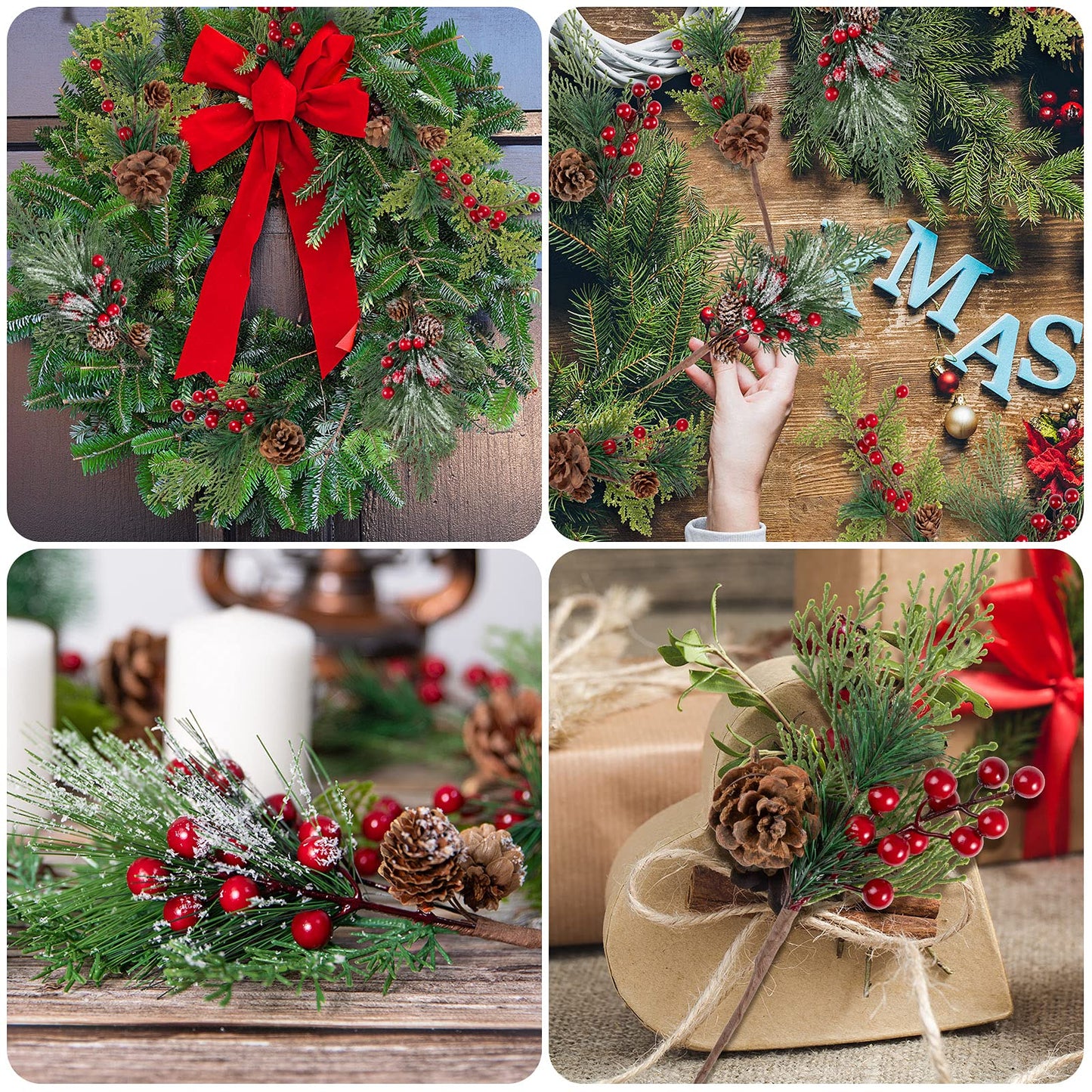 AnyDesign Artificial Christmas Picks Assorted Faux Pine Picks Red Berry Picks Stems Spray Twigs Evergreen Branches for DIY Holiday Art Gift Craft Garland Ornament Floral Arrangement Wreath (8 Pack)