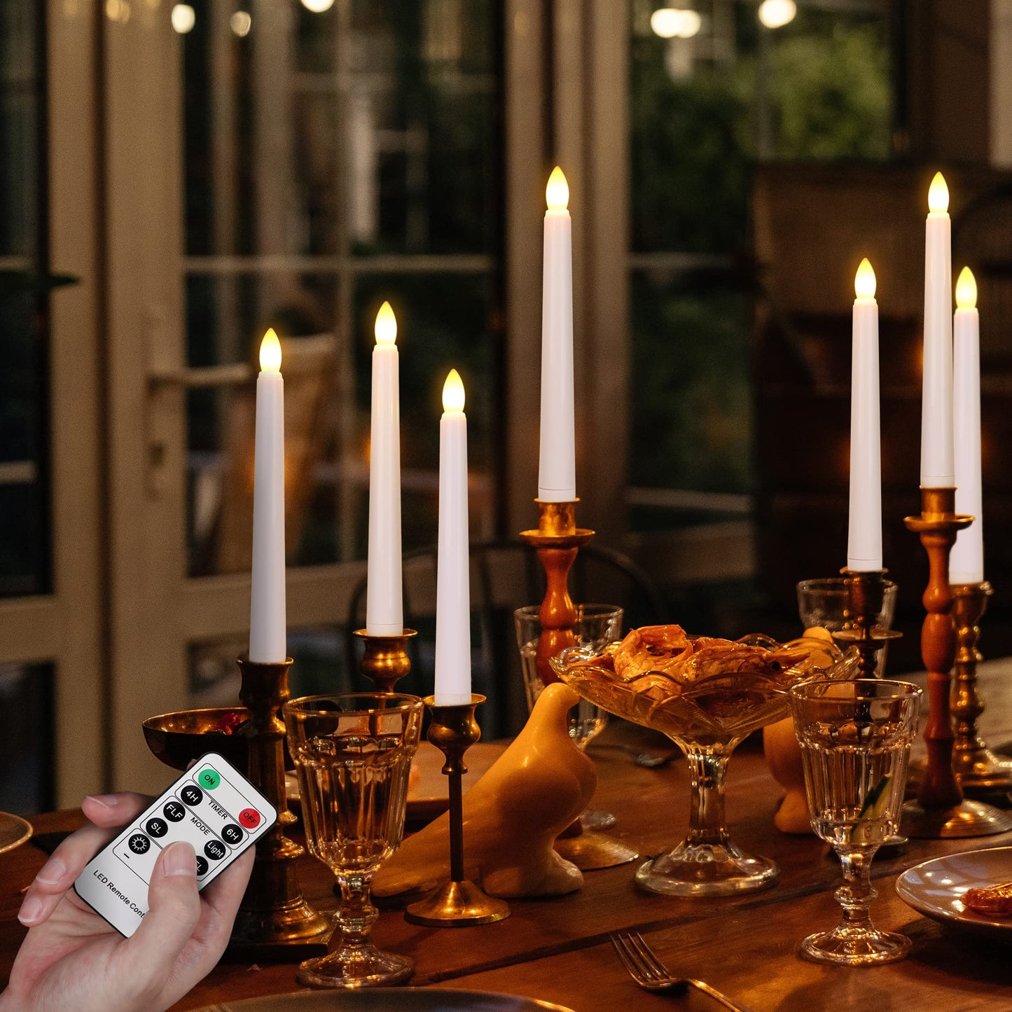 FREEPOWER Set of 6 Flameless Window Taper Candles with 6PCS Black Base, Battery Operated FlickeringTaper Candle with Remote and 4H/6H Timer,for Christmas Home Wedding Decor..