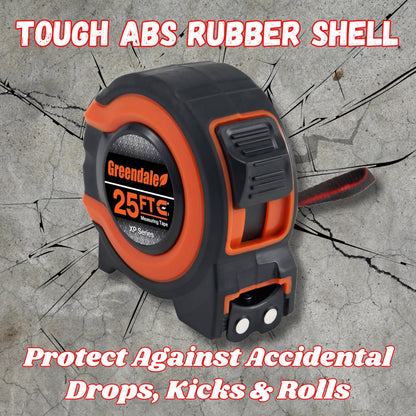 Greendale – 3 Pack Tape Measures 25 ft – Easy-Read Fractions, Magnetic Tip, Quick-Lock & Auto-Retract – Heavy-Duty Measuring Tape with Belt Clip – Red/Orange