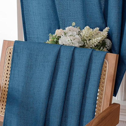 Tollpiz Linen Tier Curtains Rod Pocket Semi Sheer Short Kitchen Curtain Half Burlap Light Filtering Thick Linen Drape for Bathroom, 30 x 30 inches Long, Classic Blue, Set of 2 Panels