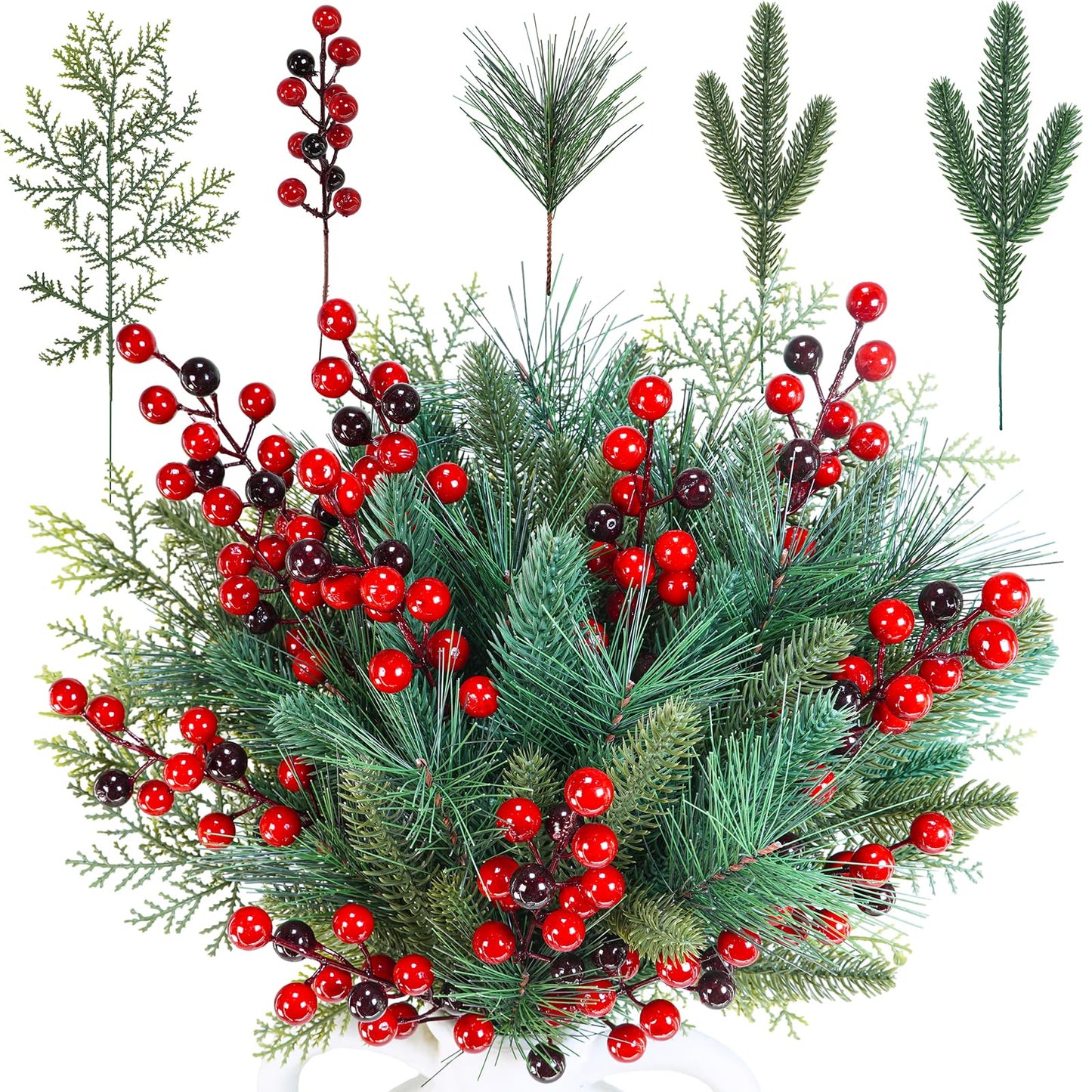 Winlyn 65 Pcs Artificial Pine Branches and Red Berries Stems Christmas Greenery Stems Cedar Picks for Christmas Tree Wreath Winter Wedding Holiday Floral Arrangement Table Centerpiece DIY Crafts