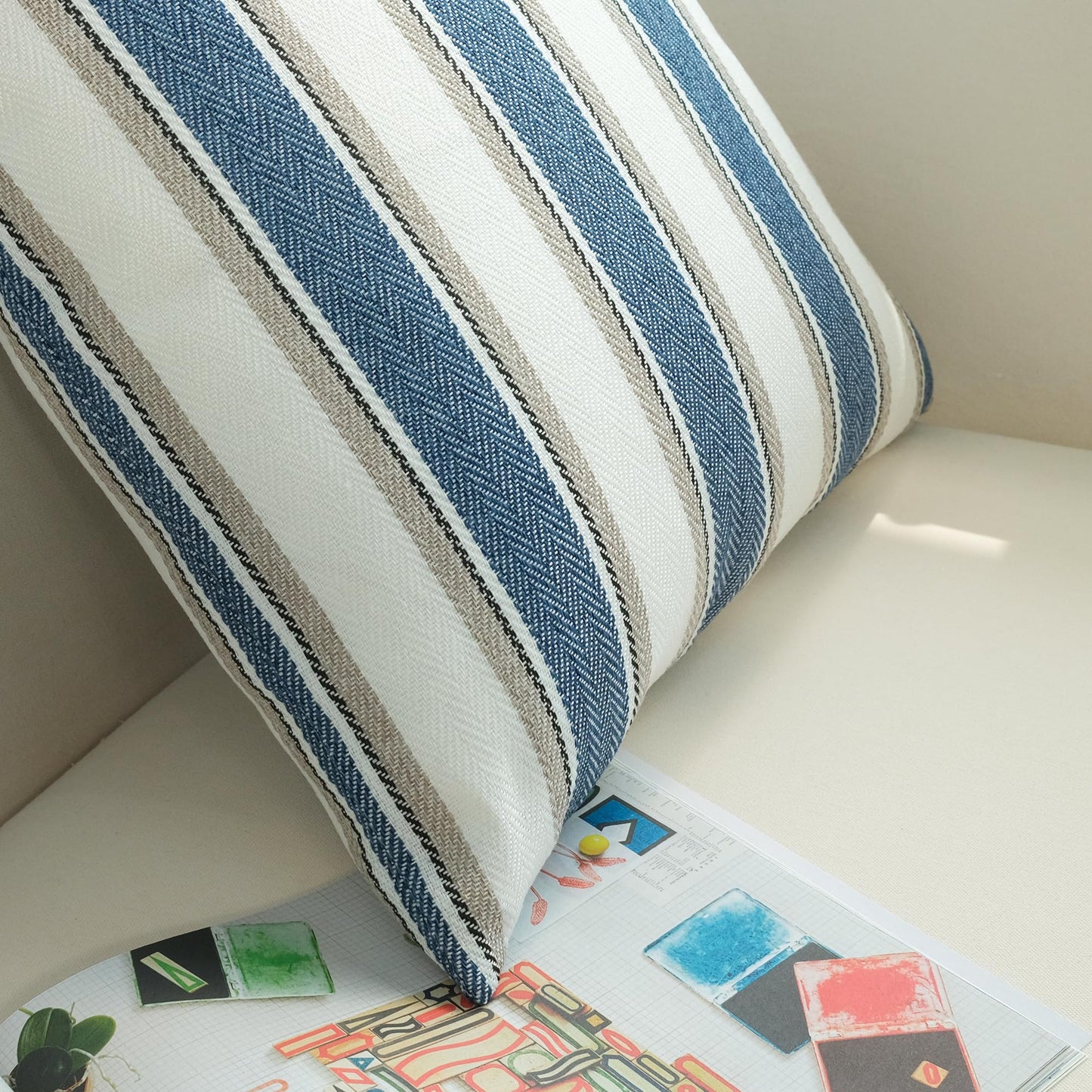 JOJUSIS Stripe Throw Pillow Covers Farmhouse Pillowcases Pack of 2 16 x 16 Inch Blue