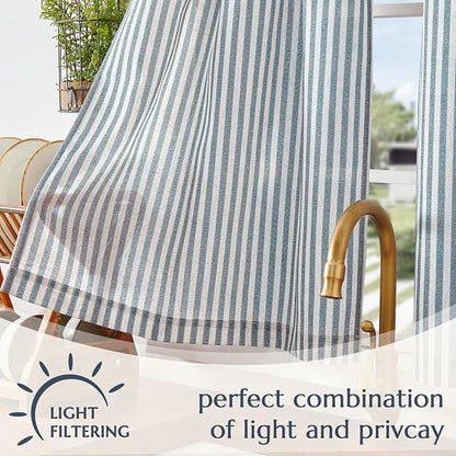 jinchan Striped Linen Kitchen Curtains 24 Inches Length Tier Curtains Farmhouse Modern Cafe Style Small Window Treatments Airy Light Filtering Rod Pocket for Living Room Bathroom 2 Panels Blue