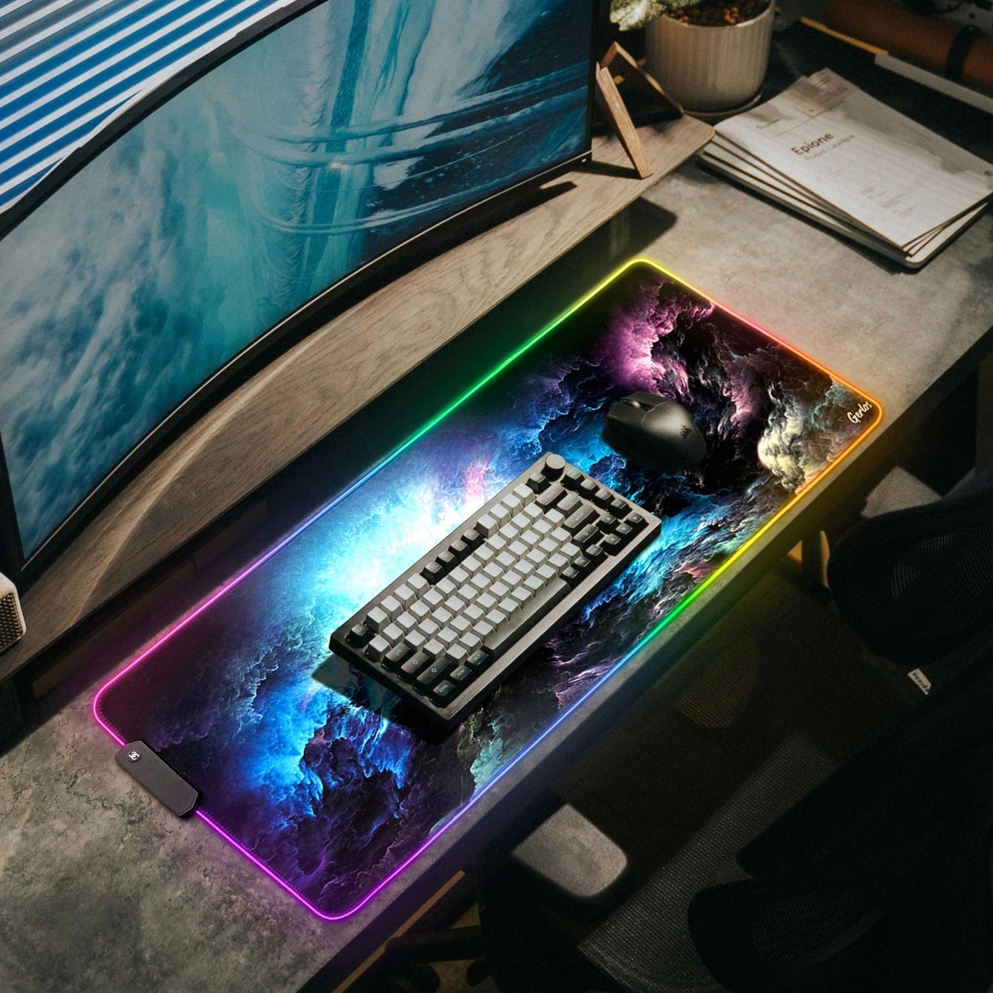 Gerlos RGB Gaming Mouse Pad, Large Extended LED Desk Mat with 12 Light Modes, Non-Slip Rubber Base, Water-Resistant, 31.5×11.8 Inch