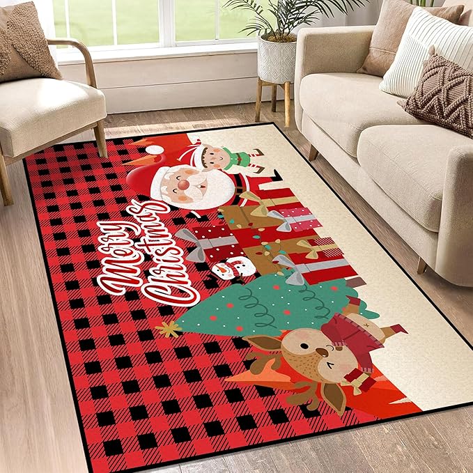 Plaid Christmas Area Rug, Snowflake Rug, Xmas New Year Gift Door Mat for Bedroom Living Room Kitchen, Merry Christmas Indoor Floor Mats for Holiday Festive Decoration,63" X 31"