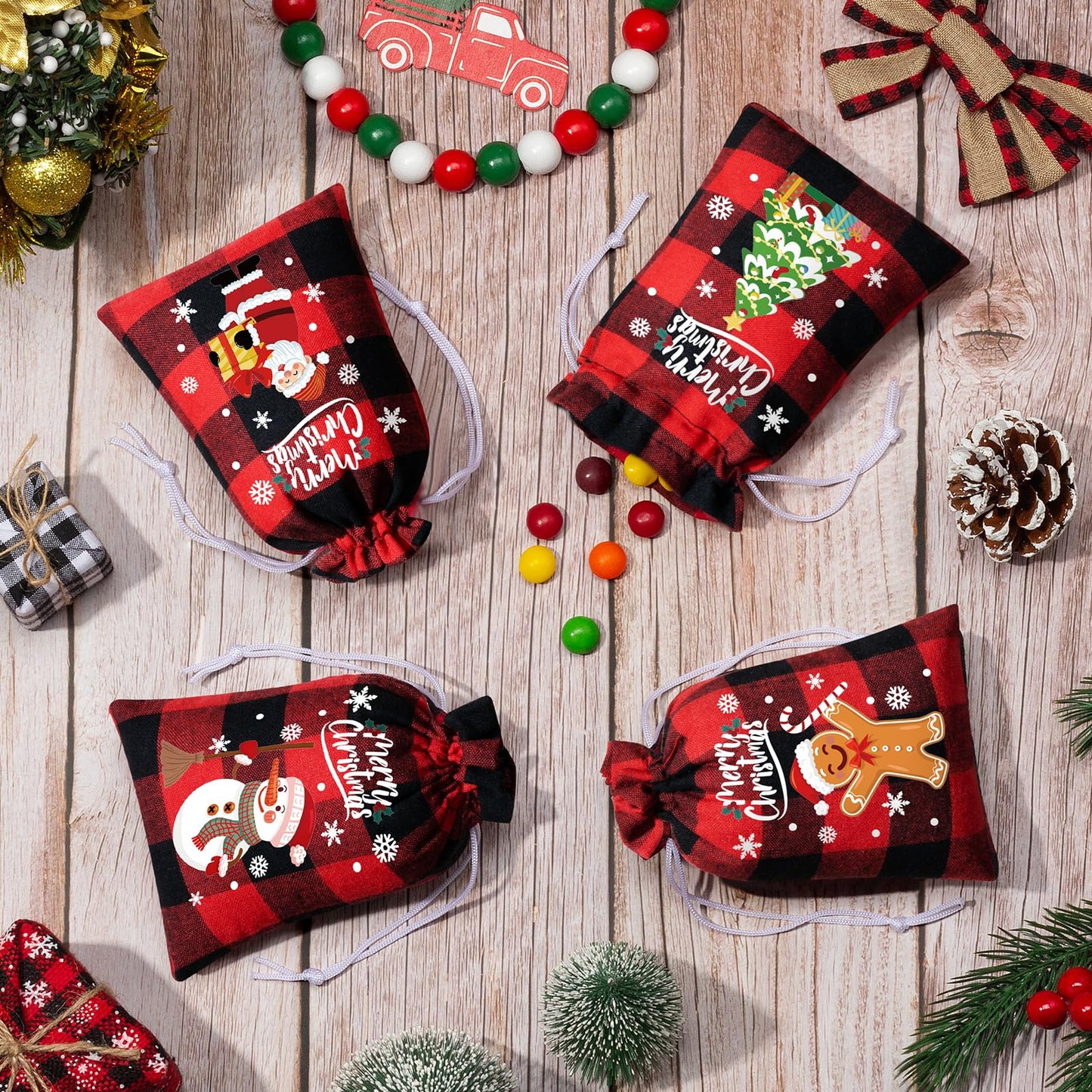 FLOE 36Pcs Burlap Christmas Drawstring Bags Buffalo Plaid Xmas Gift Bags Burlap Xmas Candy Bag Small Christmas Linen Goody Gift Sacks Treat Sacks Reusable Gifts Wrapping Bag Holiday Party Favors