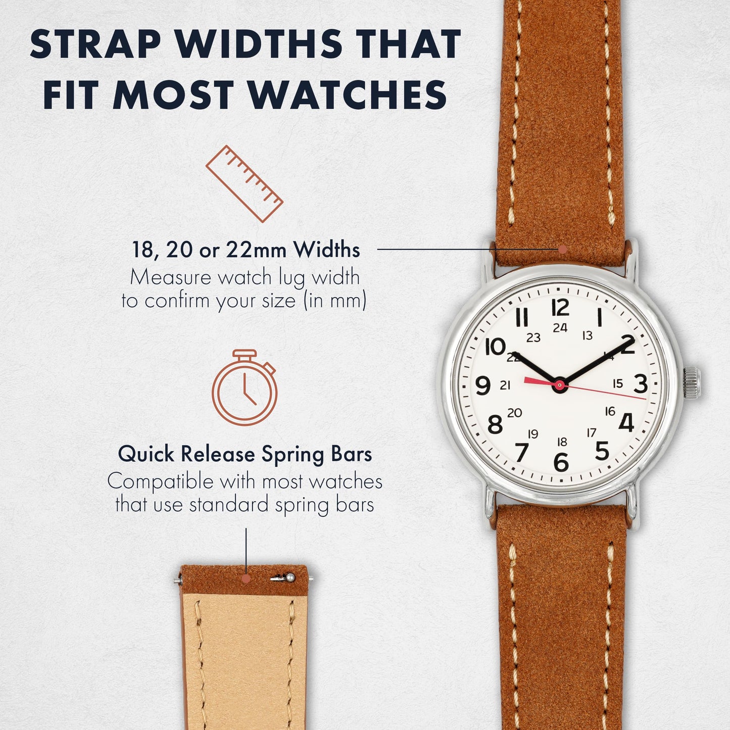 Benchmark Suede 18mm Leather Watch Band – 18mm Quick Release Watch Band with Stainless-Steel Buckle & 9 Adjustable Holes – Brown Leather Watch Bands for Men & Women (18mm, Light Brown)