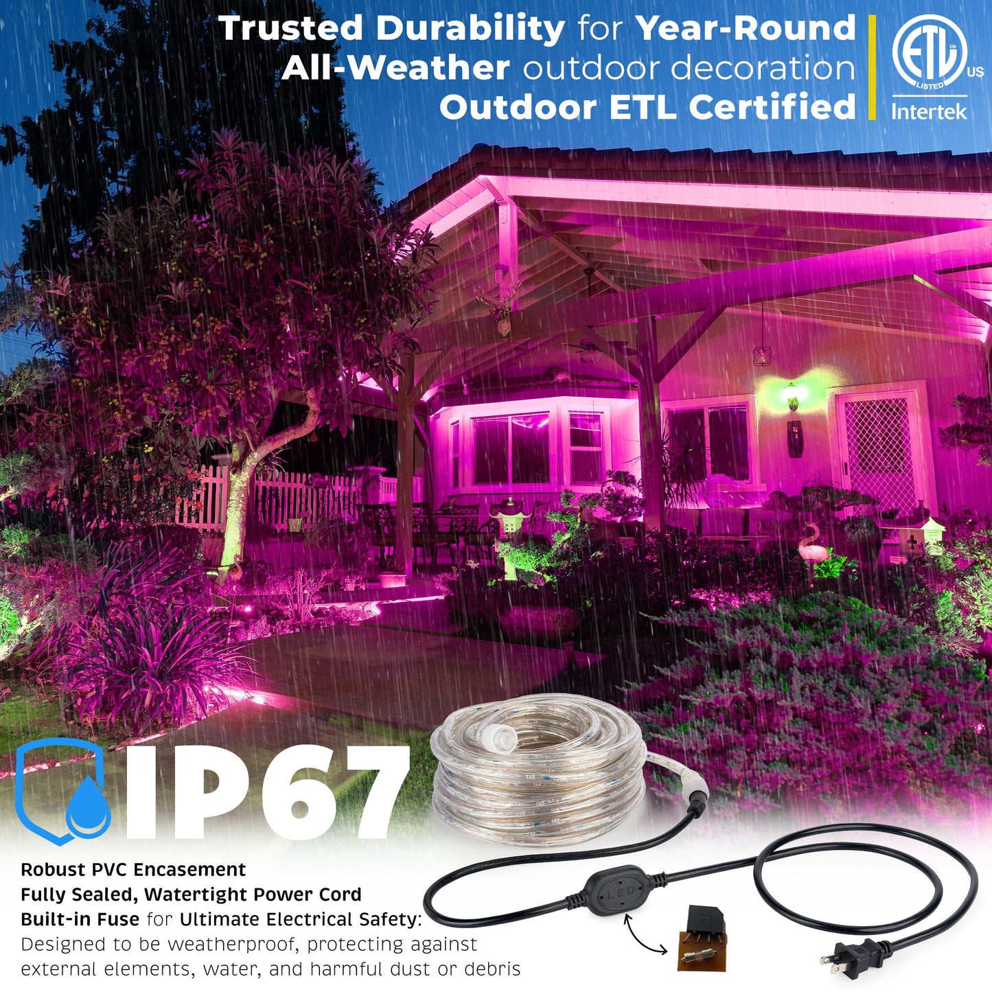 WYZworks 576LEDs, 50ft LED Outside Rope Lights, Waterproof Permanent Outdoor ETL Certified Connectable Clear Tube, Christmas Palm Tree Holiday Decorative Landscape Patio Accent Lighting - Pink