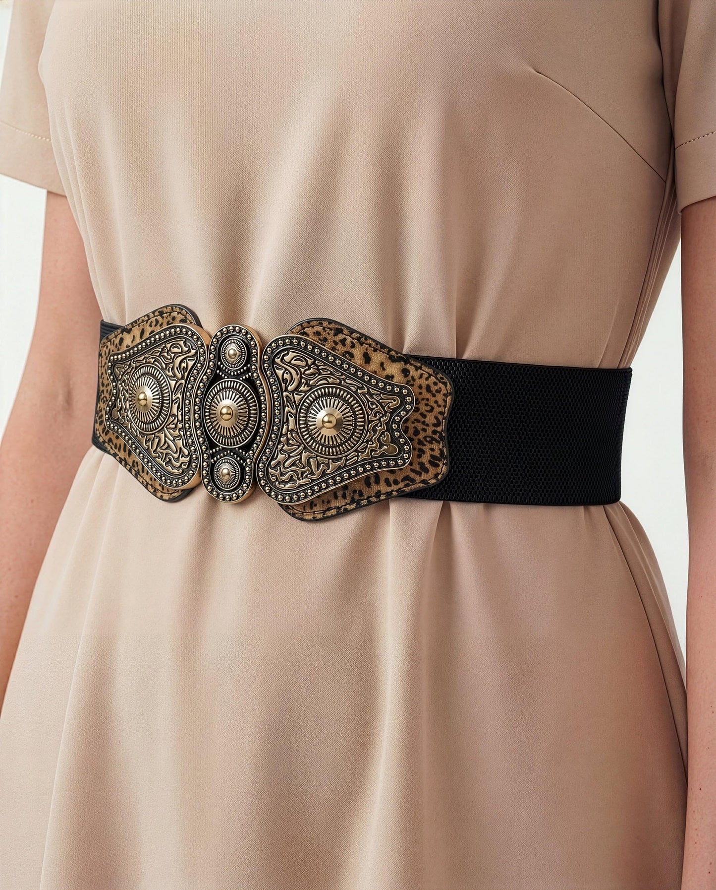 BlackButterfly Wide Elastic Stretch Vintage Antique Retro Buckle Belt (Black - Leopard, XL)