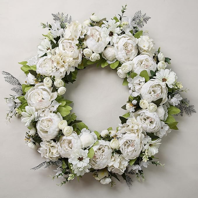 Peony Wreath 23" Floral Artificial Wreath for Front Door Wall Decor Home Décor Festival Celebration Wedding Party New Owners Seasonal Decoration Housewarming Gifts EZsenses (White)