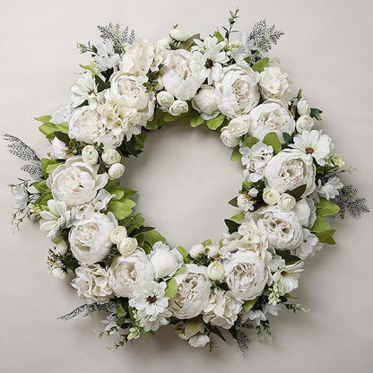 Peony Wreath 23" Floral Artificial Wreath for Front Door Wall Decor Home Décor Festival Celebration Wedding Party New Owners Seasonal Decoration Housewarming Gifts EZsenses (White)
