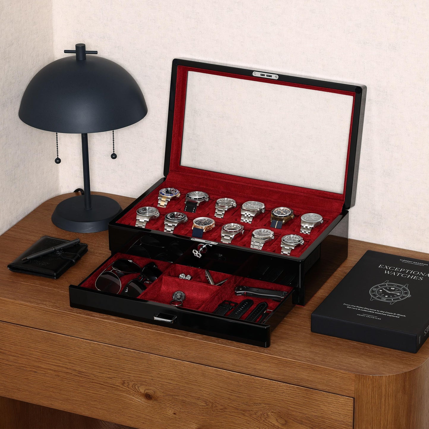 ROTHWELL 12-Slot Piano Black Watch Box with Valet Drawer - Premium Jewelry Display Case Organizer with Locking Glass Top and Microsuede Liner for Men & Women (Red Interior)