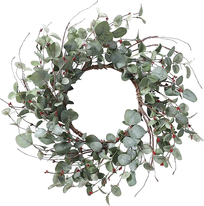 YNYLCHMX 18 Inch Winter Wreath for Front Door, Winter Wreath with Eucalyptus Leaves with Berry, Artificial Door Front Door Wreaths for Indoor Windows Walls Farmhouse Holiday Party Decoration