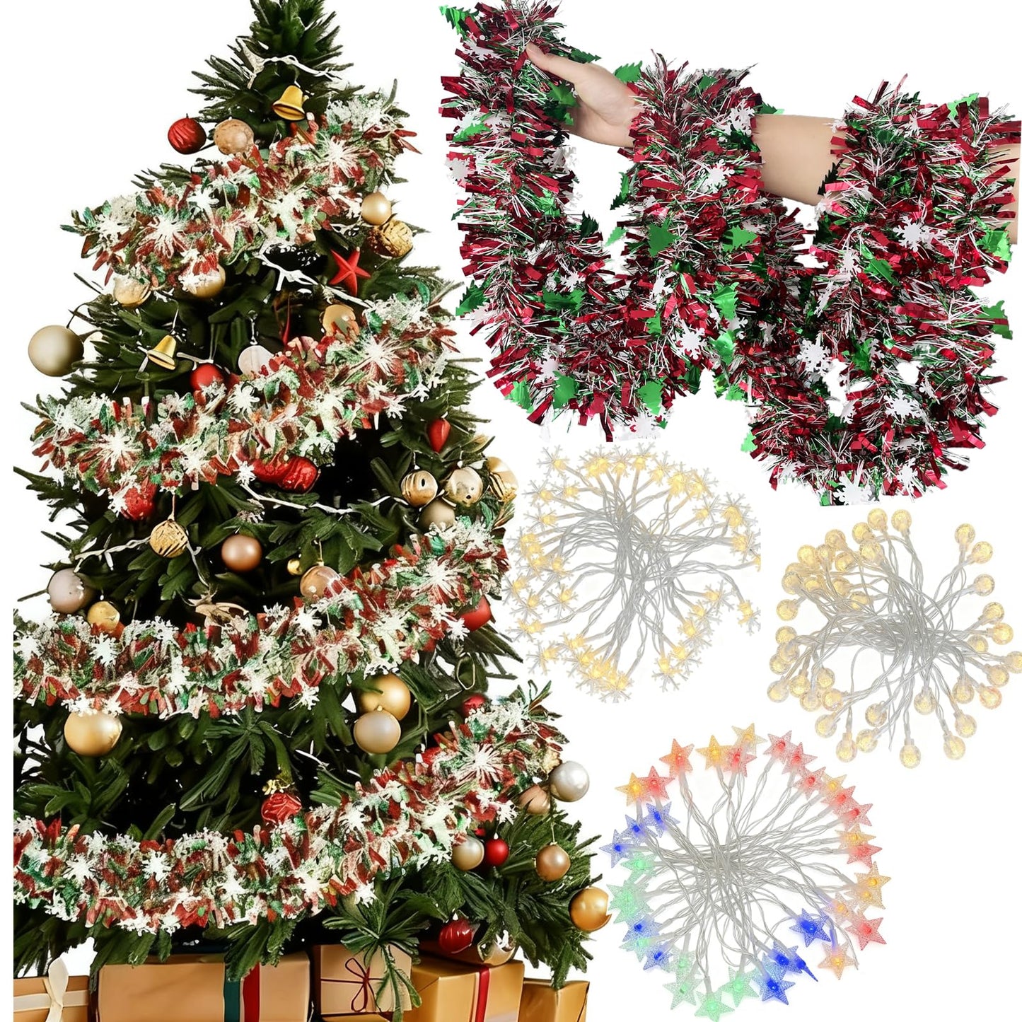 LKBBC Christmas Tinsel Garland with Light, 50 FT Metallic Tinsel Twist Garland Shiny Hanging Decor for Home Window Fireplace Indoor Outdoor, Xmas Ornaments Christmas Tree Decoration,Green Red