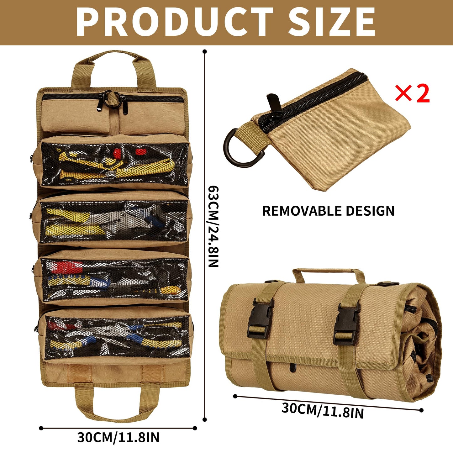 Tool Bag,Gifts for Men,Roll Up Tool Bag, Rollable Carrying Toolbag,Heavy Duty Tool Organizer, Foldable Empty Rollup Organizer with 2 Small Pouches (Khaki)