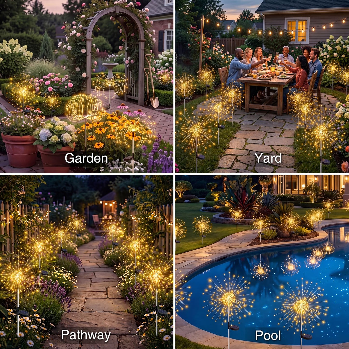 btfarm 2 Pack Solar Garden Lights Outdoor 8 Modes, 120 LED Firework Lights Solar Powered, Waterproof Twinkle Fairy Light Outside for Yard Pathway Lawn Pool Patio Christmas Decorative, Warm White