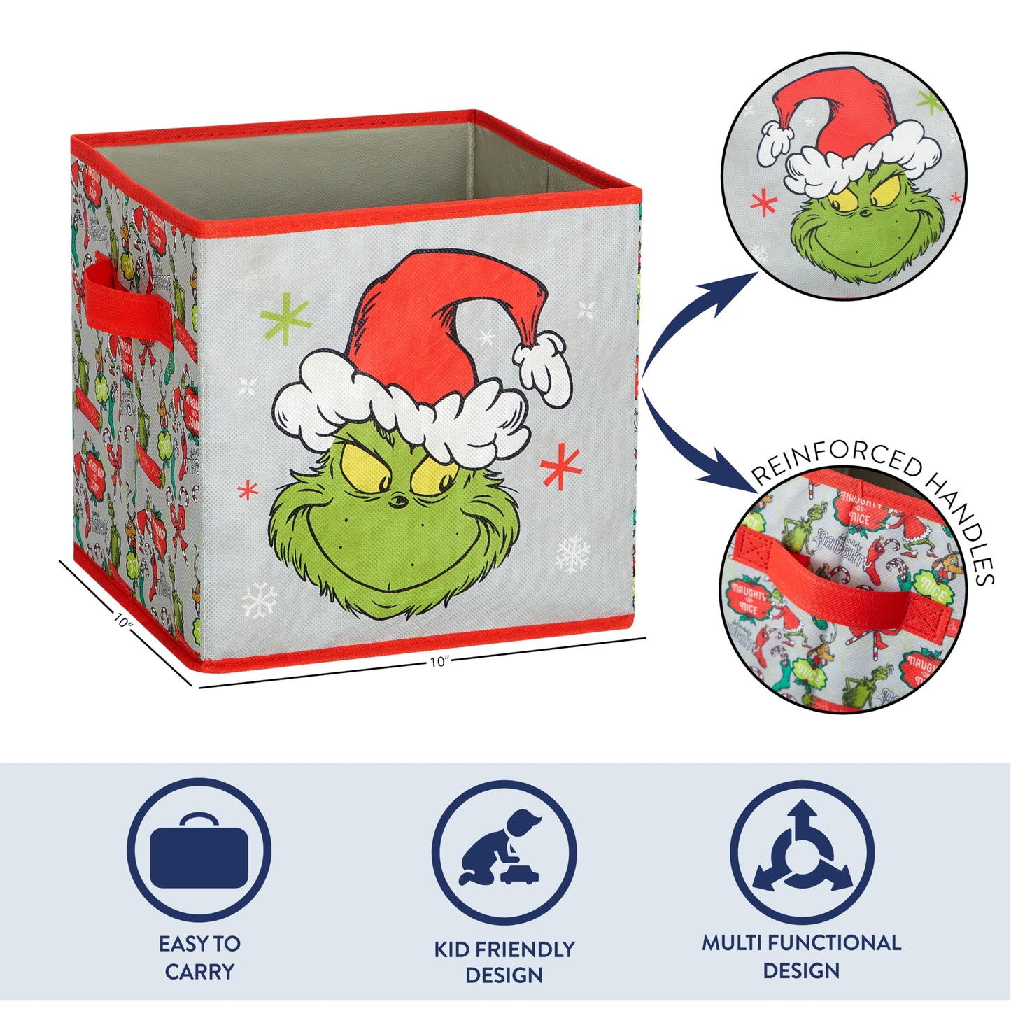 Idea Nuova Storage Cubes for Kids,2 Pack Collapsible Fabric Bins with Handles, Holiday Organizer Boxes for Bedroom, Playroom & Nursery, Festive Christmas Storage Baskets,Grinch Dr. Seuss