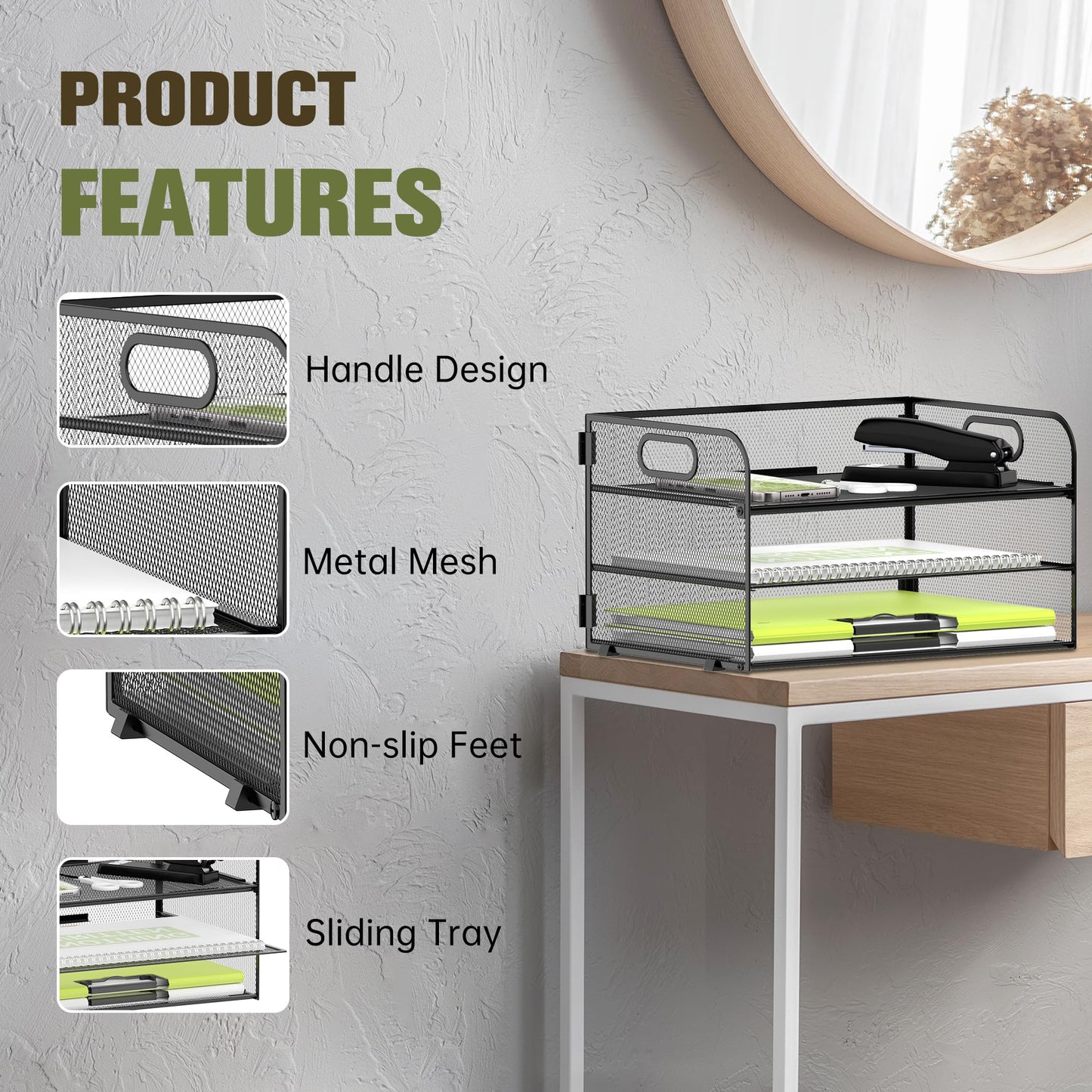 DALTACK 3 Tier Paper Organizer with Handle, Mesh Metal Desk Organizer with Sliding Paper Trays for Letter/A4 Paper, Mail, Bills & Folders, Black
